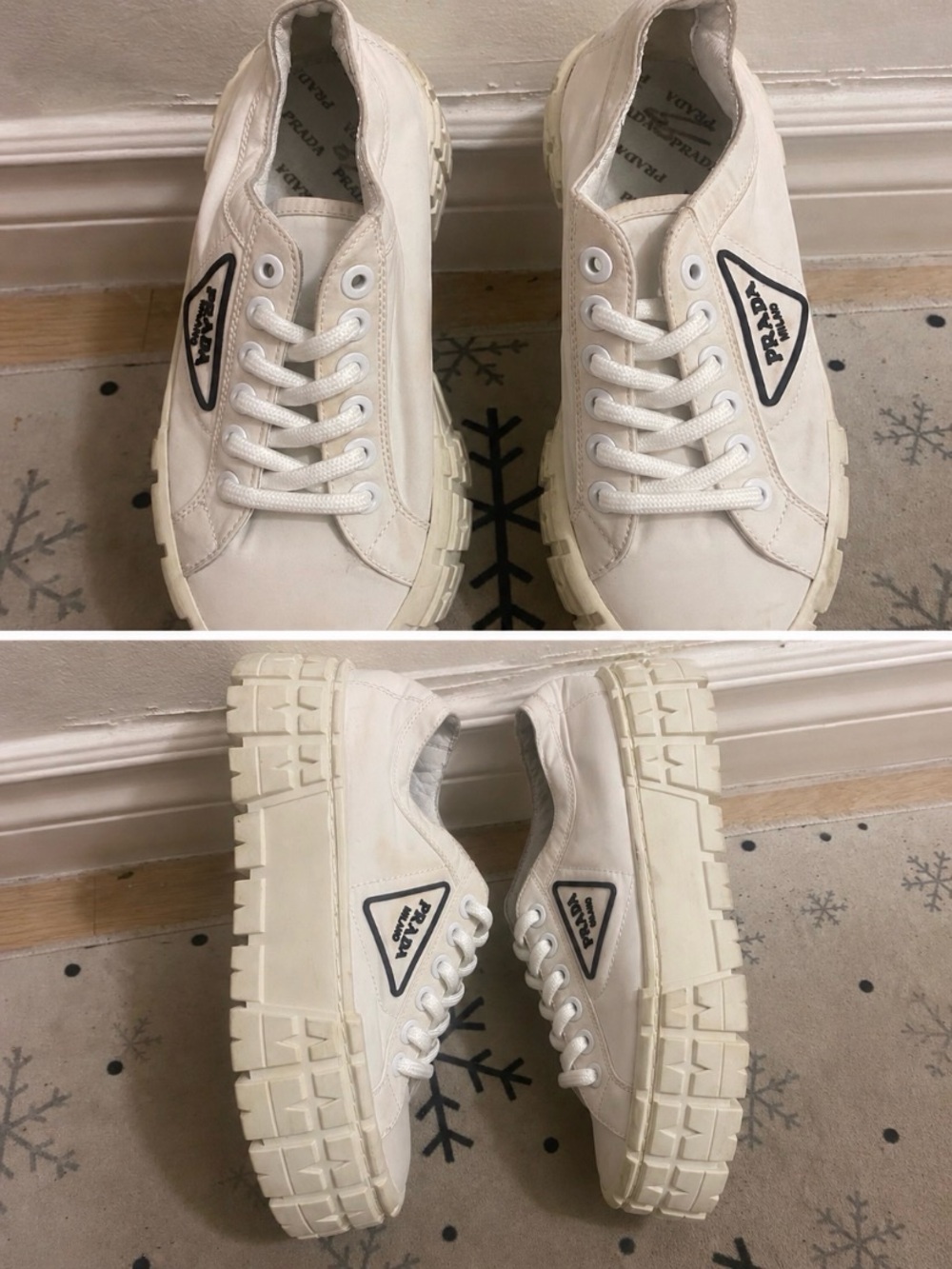Prada White Platform Low-Top Sneakers with Black Logo Trim - Picture 5 of 8